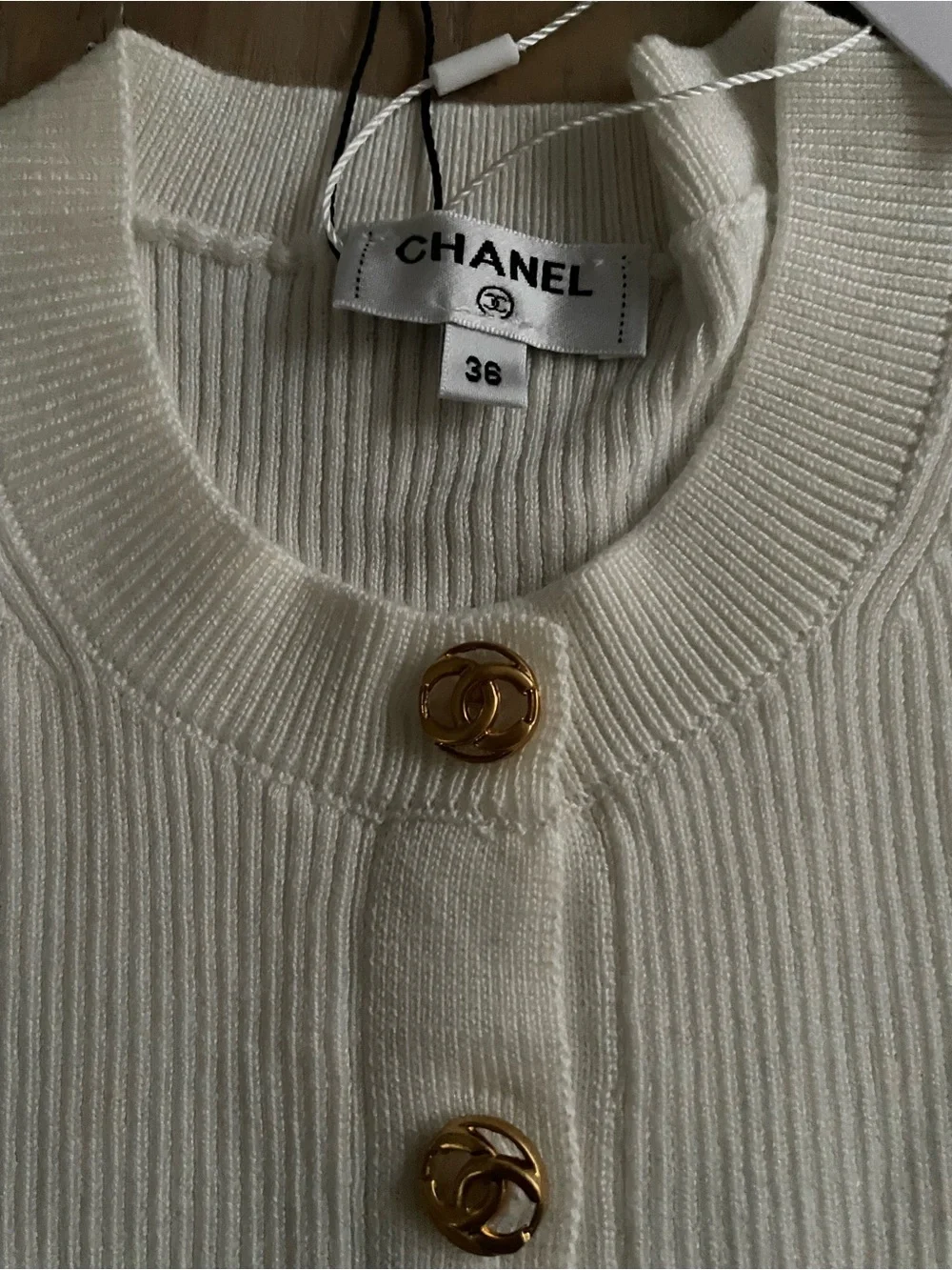 CHANEL Cream Ribbed Short-Sleeve Polo with Gold Buttons